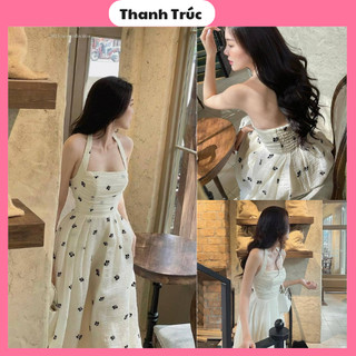 Váy tơ hoa nổi lưng chun đầm maxi hoa nhí dáng xòe bồng bềnh vải tơ nhăn hàng QC