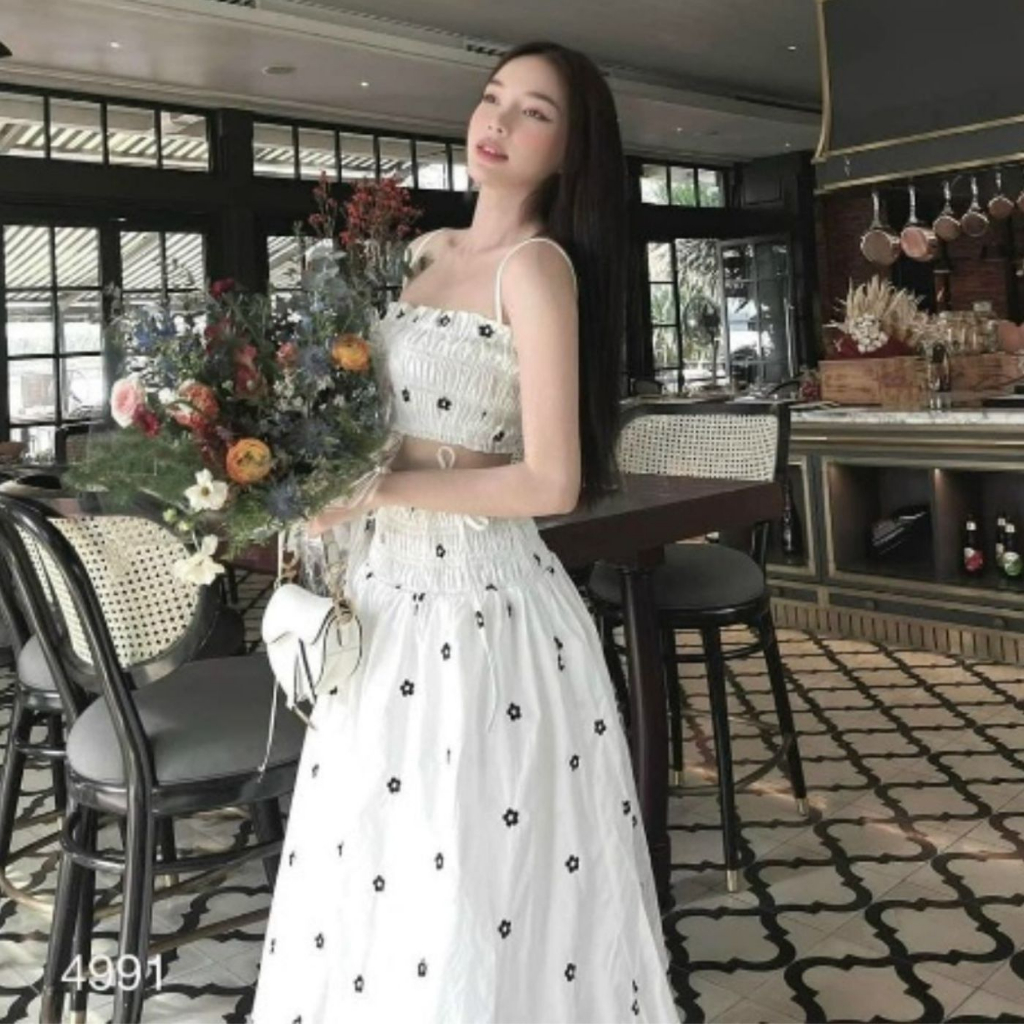 Đầm váy nữ maxi dáng dài xốp hoa nhí  cực xinh, Set bộ nữ áo croptop 2 dây mix chân váy maxi T1098