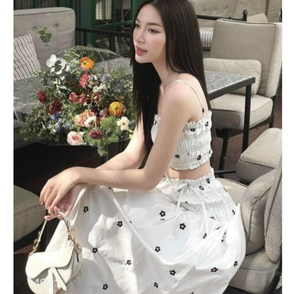 Đầm váy nữ maxi dáng dài xốp hoa nhí  cực xinh, Set bộ nữ áo croptop 2 dây mix chân váy maxi T1098
