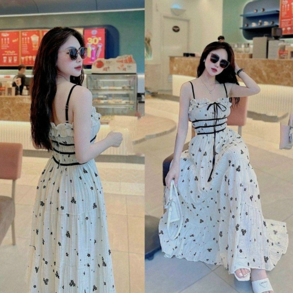 Đầm váy nữ maxi dáng dài xốp hoa nhí  cực xinh, Set bộ nữ áo croptop 2 dây mix chân váy maxi T1098