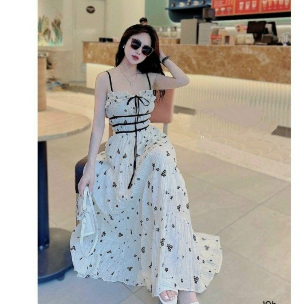 Đầm váy nữ maxi dáng dài xốp hoa nhí  cực xinh, Set bộ nữ áo croptop 2 dây mix chân váy maxi T1098