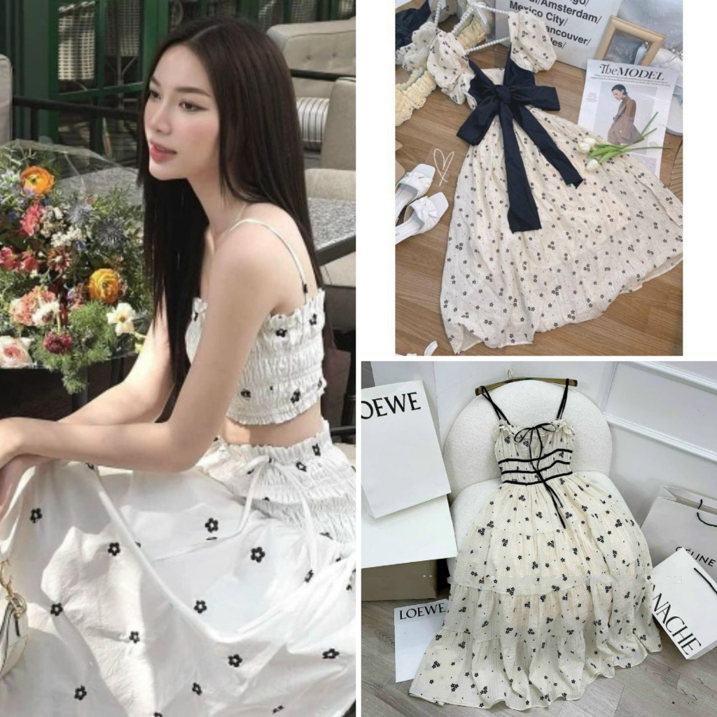 Đầm váy nữ maxi dáng dài xốp hoa nhí  cực xinh, Set bộ nữ áo croptop 2 dây mix chân váy maxi T1098
