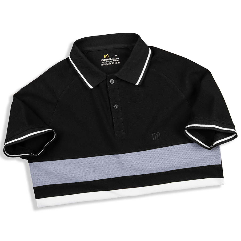 Áo thun Polo nam Flex M702 MIXMEN màu đen phối viền màu thời trang, vải cotton cá sấu mắt lục giác cao cấp