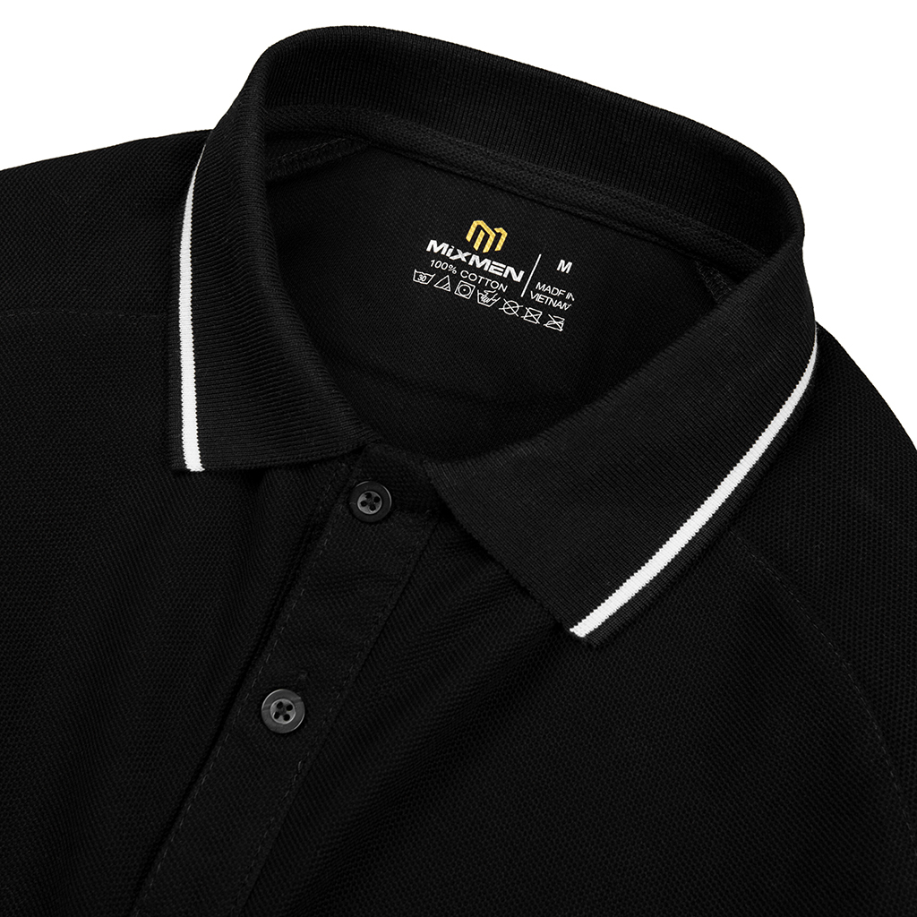 Áo thun Polo nam Flex M702 MIXMEN màu đen phối viền màu thời trang, vải cotton cá sấu mắt lục giác cao cấp