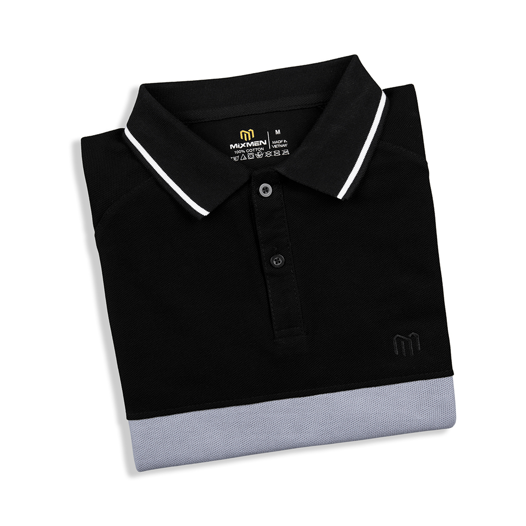 Áo thun Polo nam Flex M702 MIXMEN màu đen phối viền màu thời trang, vải cotton cá sấu mắt lục giác cao cấp