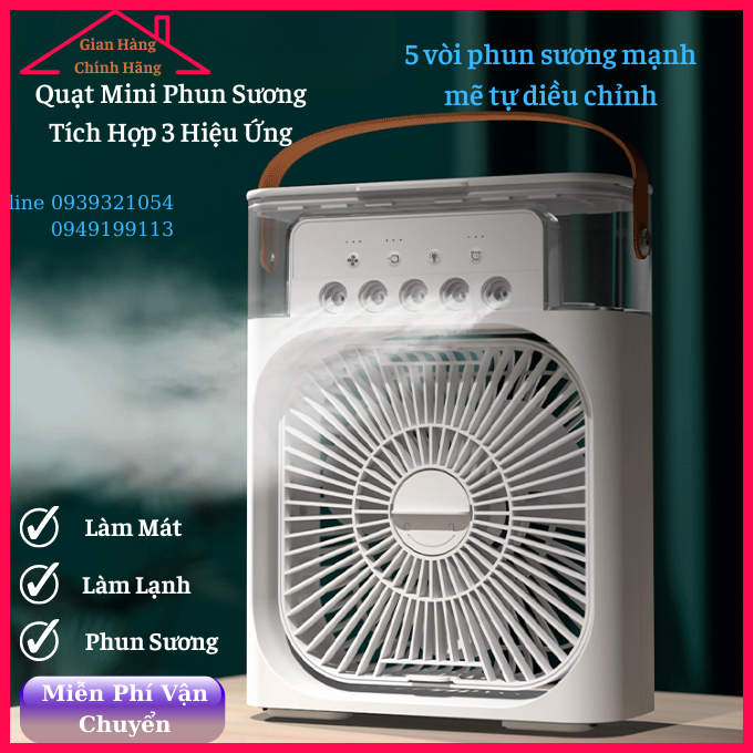 Quạt tích điện mini phun sương, quạt điều hòa hơi nước phun sương, quạt hơi nước tích hợp hẹn giờ và đèn lead 7 màu