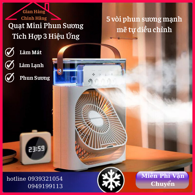 Quạt tích điện mini phun sương, quạt điều hòa hơi nước phun sương, quạt hơi nước tích hợp hẹn giờ và đèn lead 7 màu
