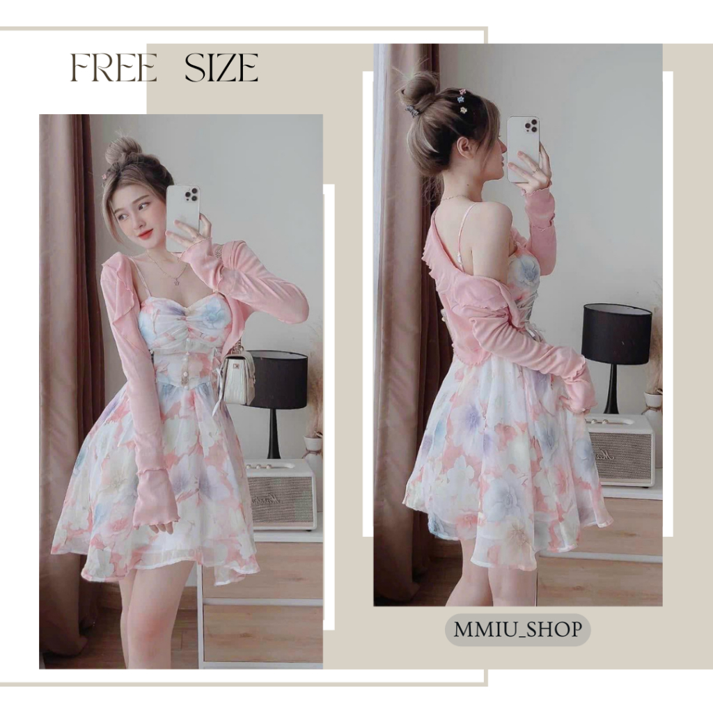 Váy đầm dự tiệc 2 dây đính cườm kèm áo khoác siêu dễ thương