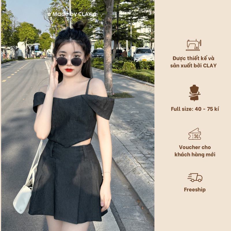 [ CLAY ] Lona Top - Áo Denim dáng corset tay xếp li có bigsize