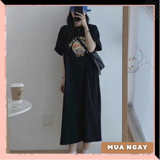 [Ảnh Thật+Video] Đầm váy suông ngắn tay dáng dài cho nữ màu đen họa tiết mùa hè đi chơi đi học đi làm