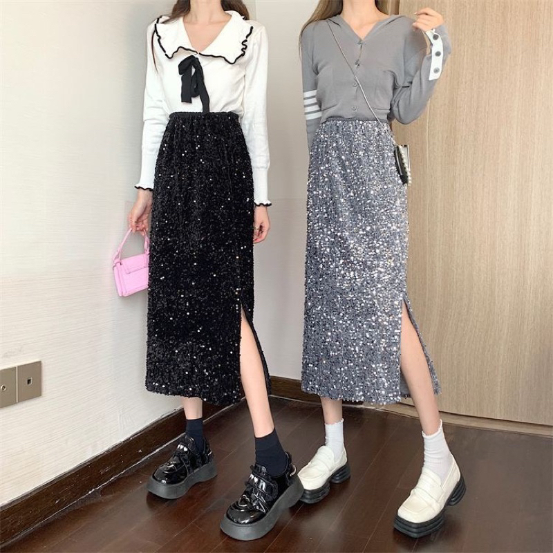 Váy kim sa dài lưng thun,Chân váy lấp lánh biing biing