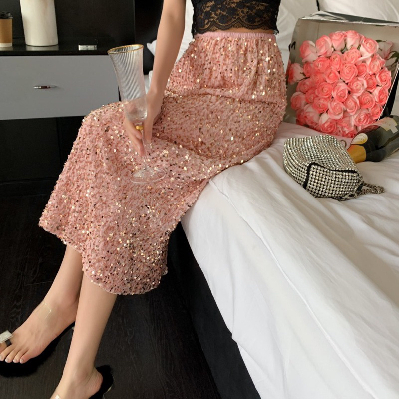 Váy kim sa dài lưng thun,Chân váy lấp lánh biing biing
