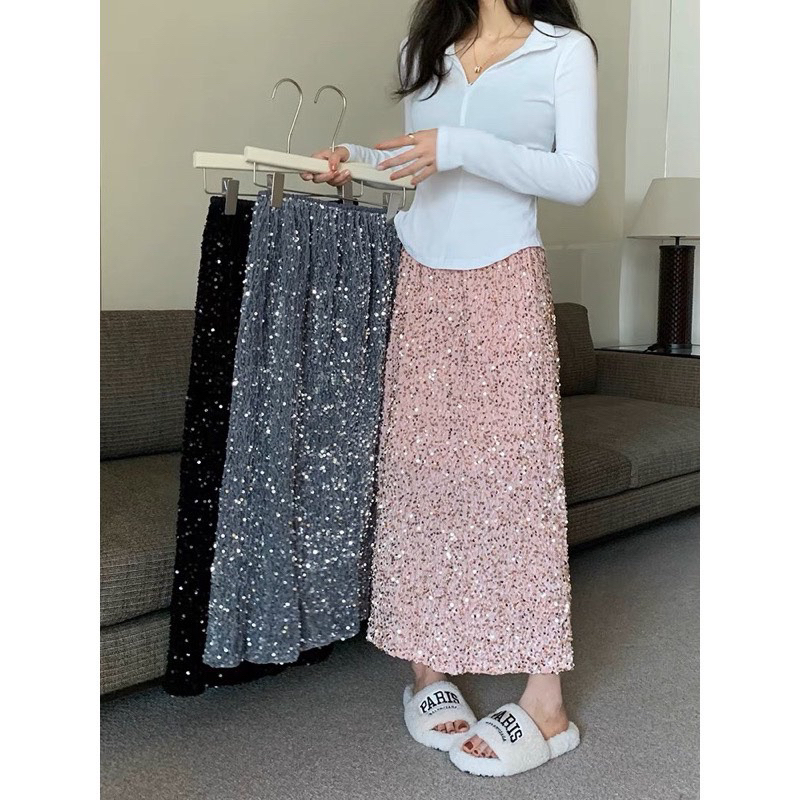 Váy kim sa dài lưng thun,Chân váy lấp lánh biing biing