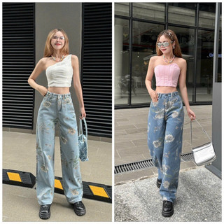 Quần jeans suông in hoa quần cạp cao dài và quần sooc kiểu xinh xắn