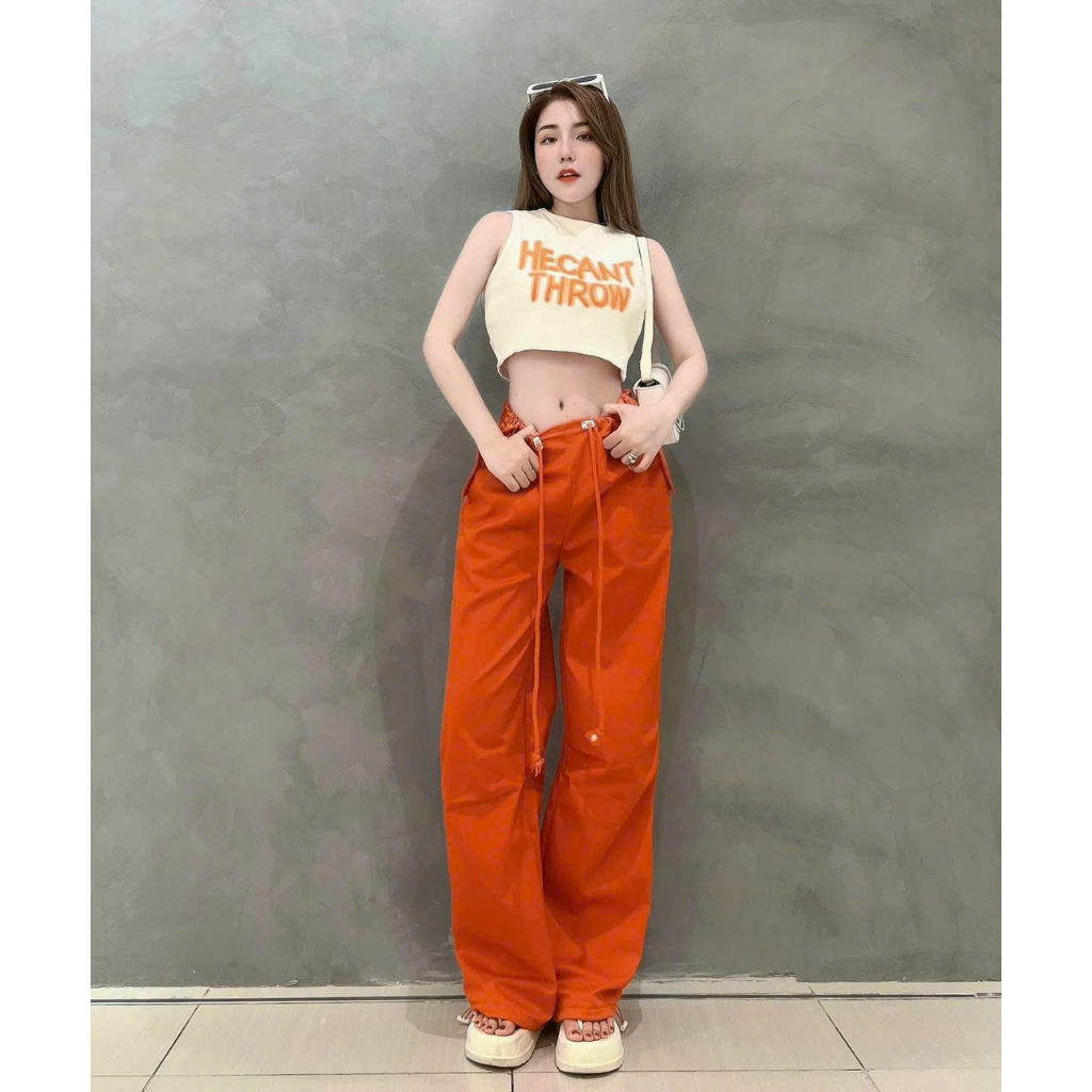 SÉT BỘ QUẦN DÀI KÈM DÂY RÚT ÁO PHỐI CHỮ CROPTOP CỰC XINH XẮN CHẤT LIỆU CAO CẤP MỀM MỊN