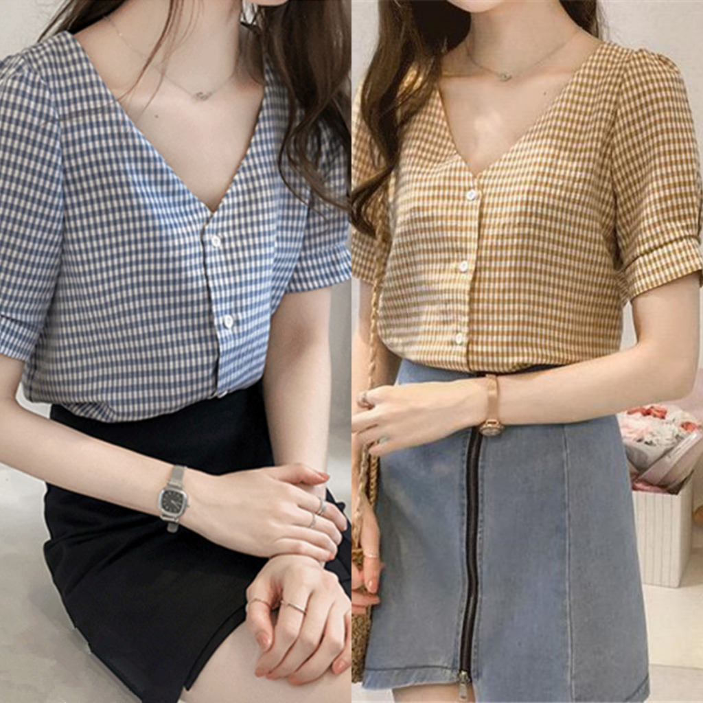 Áo Sơ Mi Nữ Áo Kiểu Nữ Cổ Chữ V Họa Tiết Kẻ Sọc Caro S7215