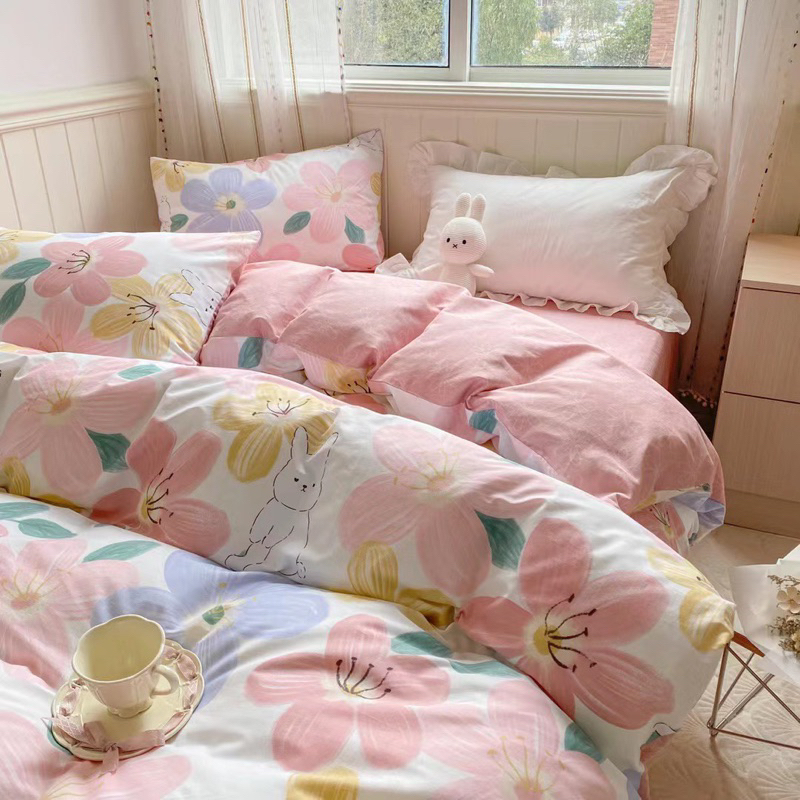 Bộ Chăn Ga Gối Cotton Living Cotton 100% Hàng Nhập Khẩu Cao Cấp 4 Món Thỏ Hoa