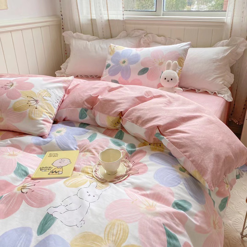 Bộ Chăn Ga Gối Cotton Living Cotton 100% Hàng Nhập Khẩu Cao Cấp 4 Món Thỏ Hoa