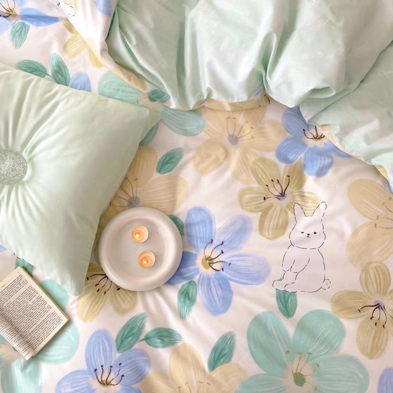 Bộ Chăn Ga Gối Cotton Living Cotton 100% Hàng Nhập Khẩu Cao Cấp 4 Món Thỏ Hoa