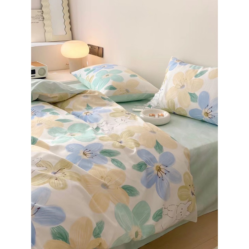 Bộ Chăn Ga Gối Cotton Living Cotton 100% Hàng Nhập Khẩu Cao Cấp 4 Món Thỏ Hoa