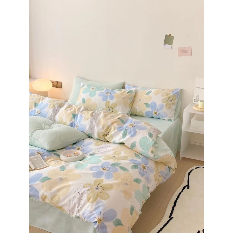 Bộ Chăn Ga Gối Cotton Living Cotton 100% Hàng Nhập Khẩu Cao Cấp 4 Món Thỏ Hoa