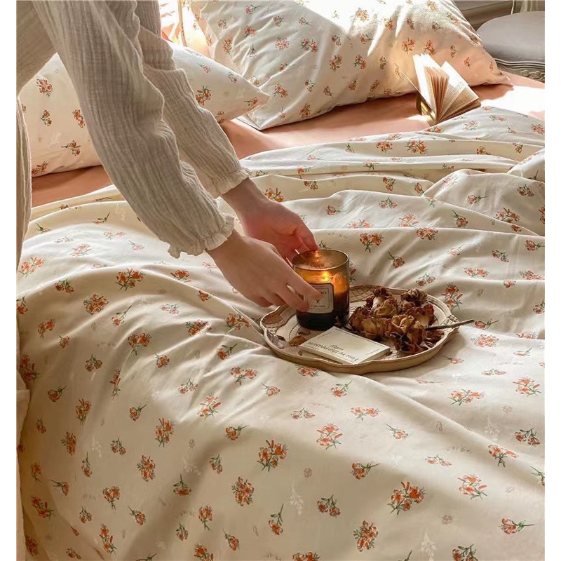 Bộ Chăn Ga Gối Cotton Living 100% Cotton Hàng nhập Khẩu Cao Cấp 4 Món Hoa Nhí Vintage