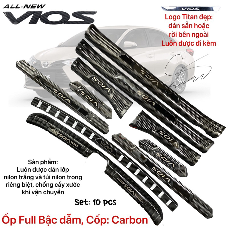 Nẹp bước chân Chống trầy Cốp xe Toyota Vios 2019 - 2023 CARBON (đủ logo đẹp đi kèm) Opps bậc cửa Phụ kiện 2020 2021 2022