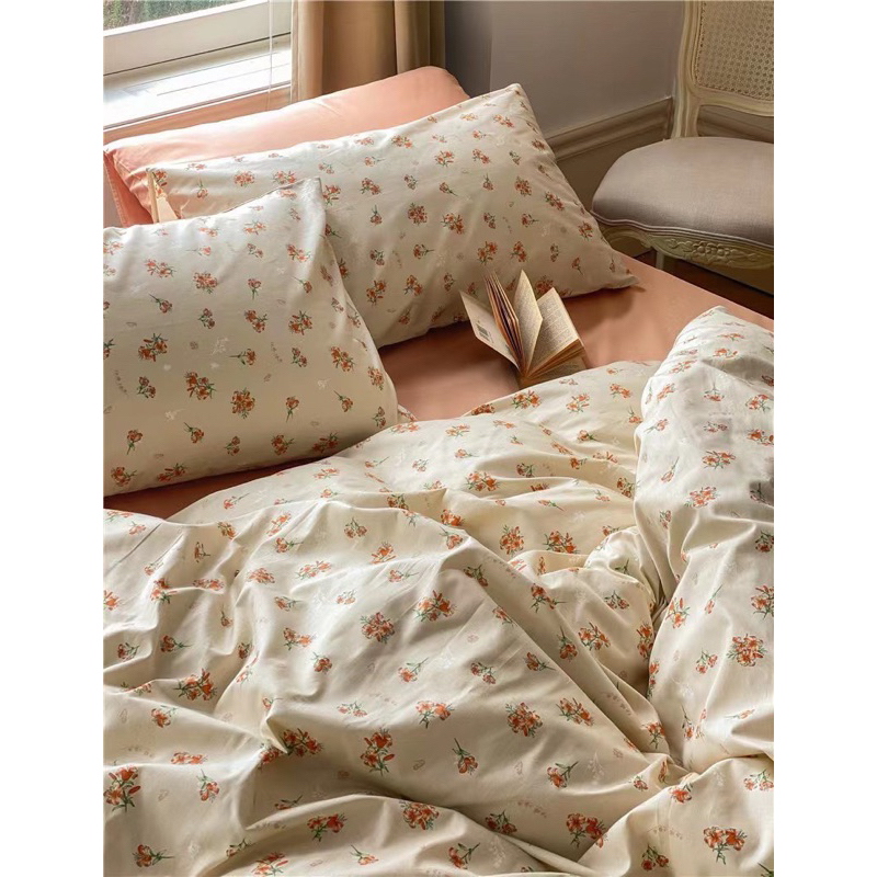 Bộ Chăn Ga Gối Cotton Living 100% Cotton Hàng nhập Khẩu Cao Cấp 4 Món Hoa Nhí Vintage
