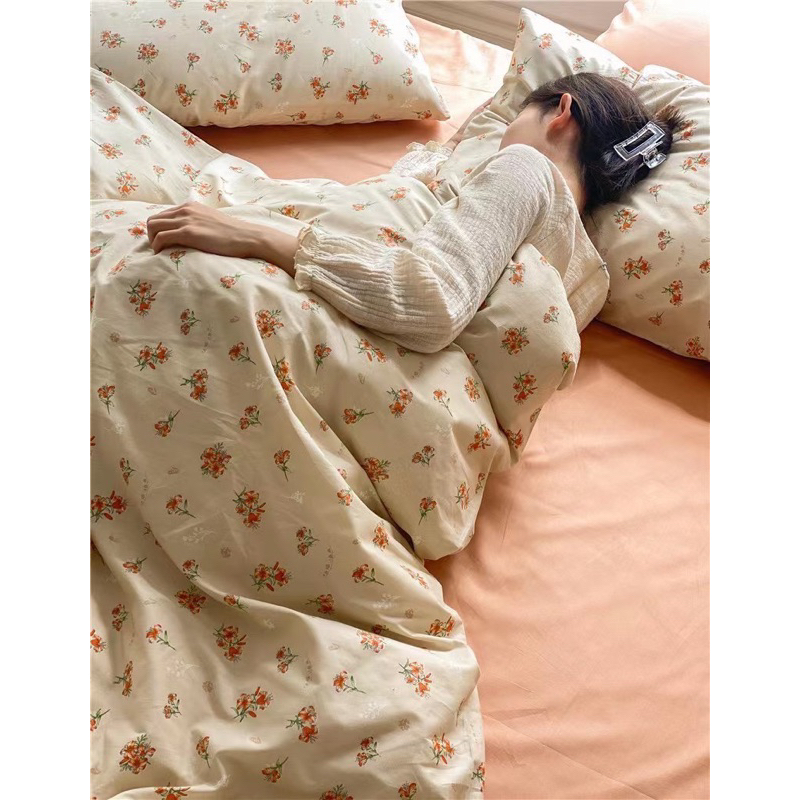 Bộ Chăn Ga Gối Cotton Living 100% Cotton Hàng nhập Khẩu Cao Cấp 4 Món Hoa Nhí Vintage