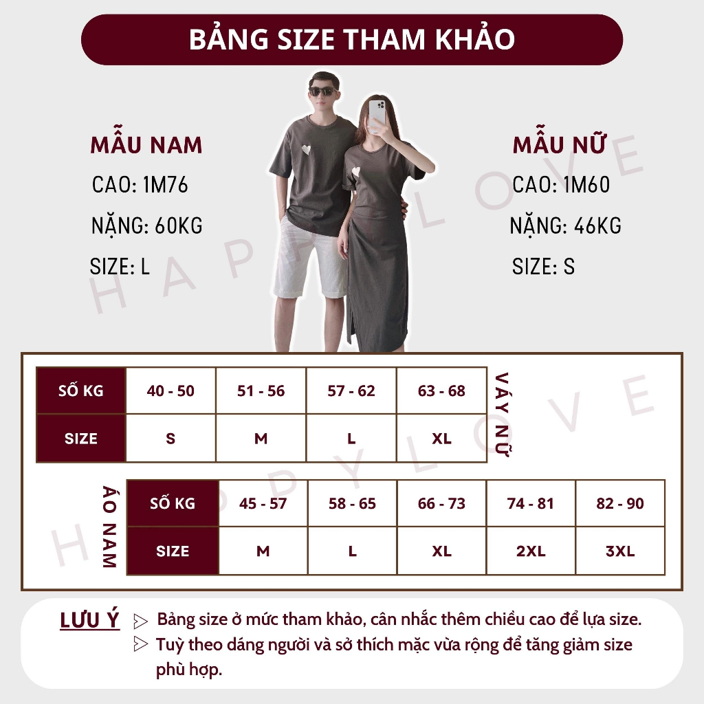 Set đồ đôi nam nữ couple hàn quốc áo váy cặp HAPPYLOVE thêu hình trái tim màu ghi đậm cao cấp M084