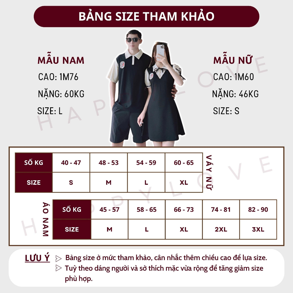 Đồ đôi nam nữ set couple áo nam đầm nữ Polo HAPPYLOVE màu đen thêu logo xinh xắn M086