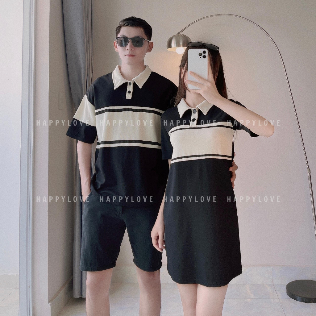 Đồ cặp nam nữ couple Set áo nam đầm nữ Polo HAPPYLOVE màu đen kẻ sọc ngang cao cấp M085