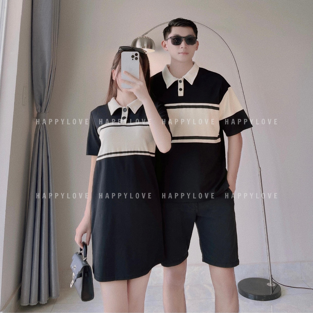 Đồ cặp nam nữ couple Set áo nam đầm nữ Polo HAPPYLOVE màu đen kẻ sọc ngang cao cấp M085