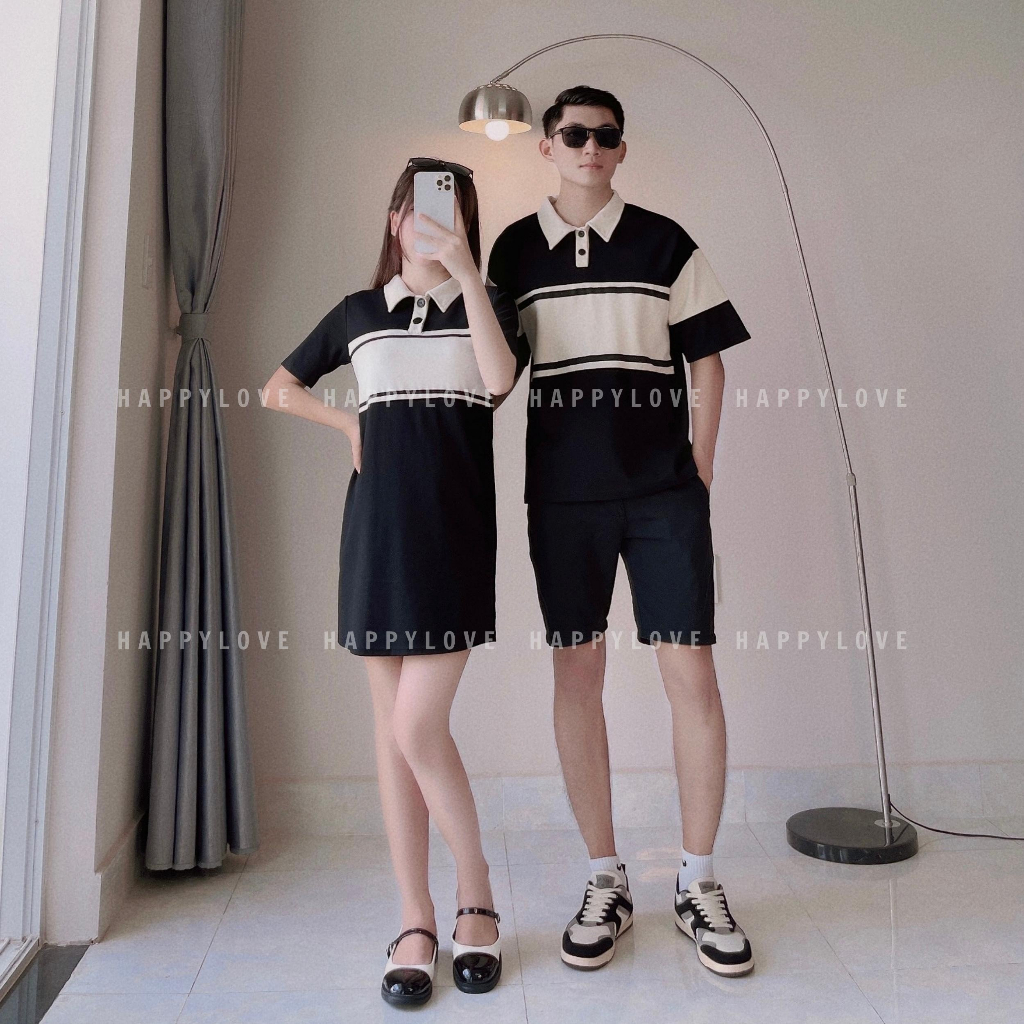 Đồ cặp nam nữ couple Set áo nam đầm nữ Polo HAPPYLOVE màu đen kẻ sọc ngang cao cấp M085