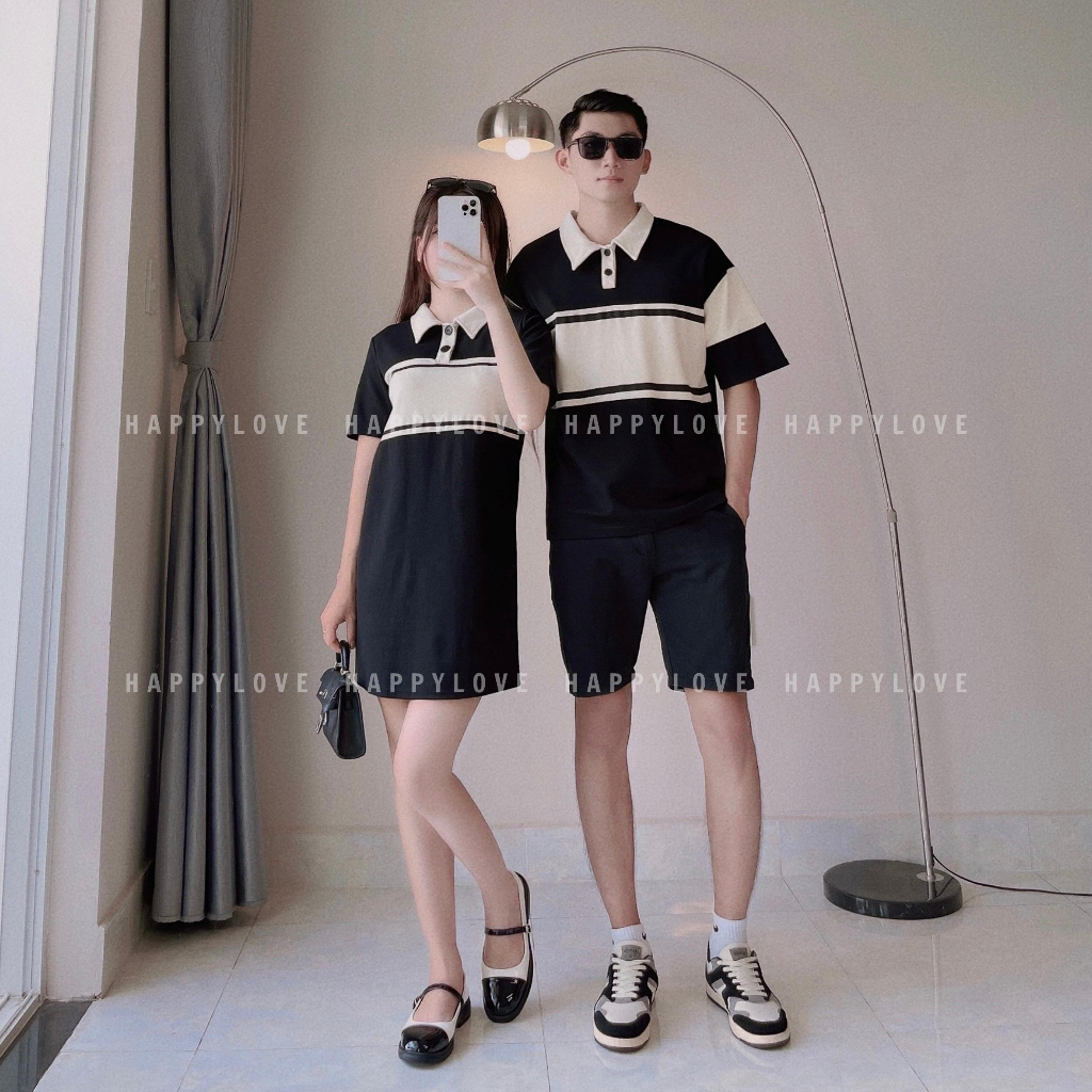 Đồ cặp nam nữ couple Set áo nam đầm nữ Polo HAPPYLOVE màu đen kẻ sọc ngang cao cấp M085