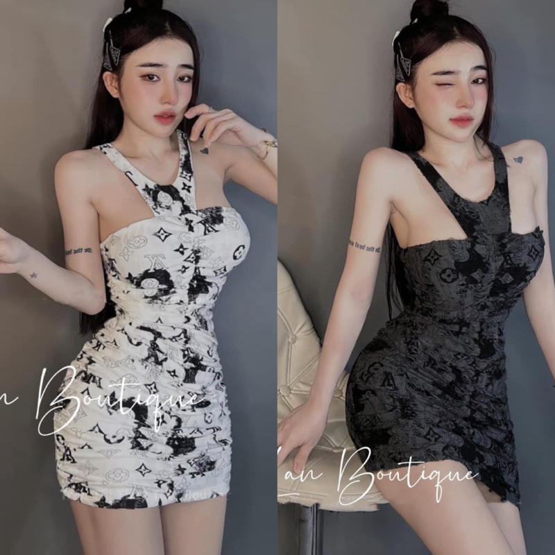 Đầm Yếm Cúp Ngực L.V Dáng Ngắn Nhún Thun Rách Loang Loang