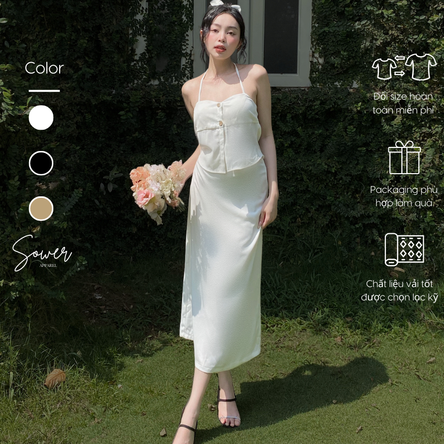 Set áo croptop kèm chân váy dài qua gối Sower cúp ngực - Jenna Set