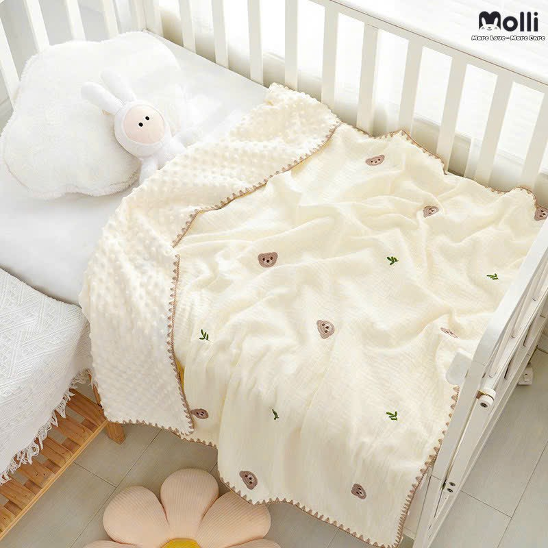 Chăn xô muslin thêu lót nhung hạt đậu chống ngạt cao cấp cho bé