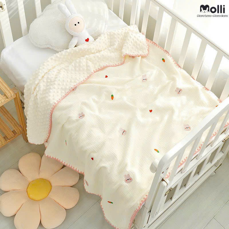 Chăn xô muslin thêu lót nhung hạt đậu chống ngạt cao cấp cho bé