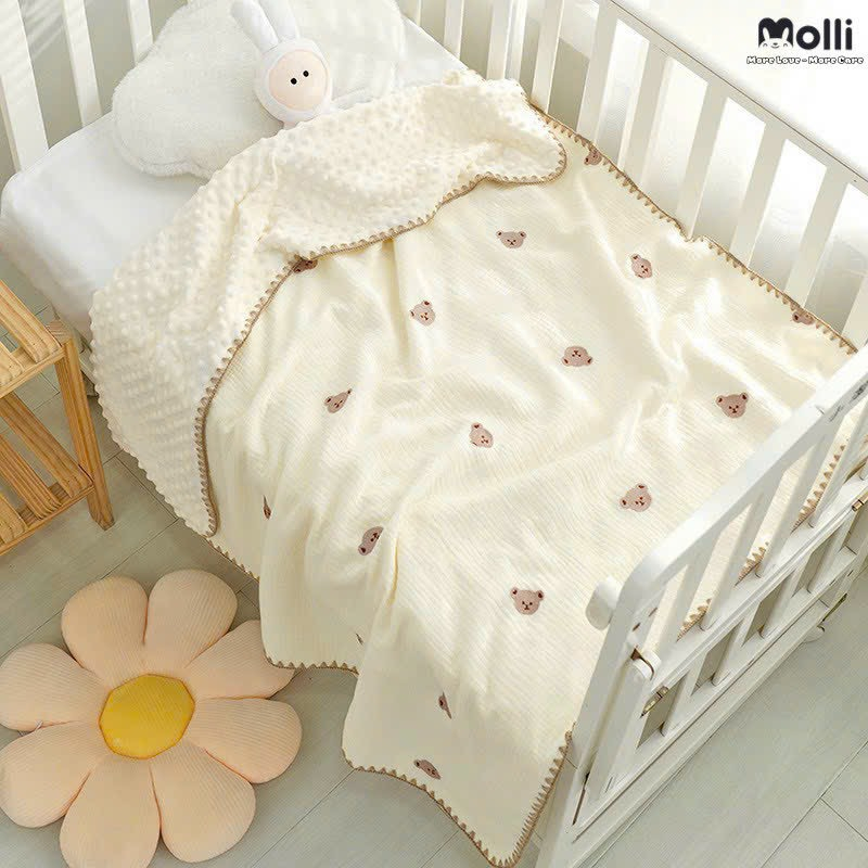Chăn xô muslin thêu lót nhung hạt đậu chống ngạt cao cấp cho bé
