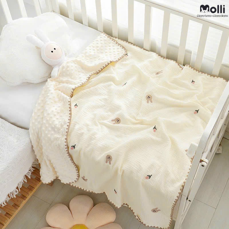 Chăn xô muslin thêu lót nhung hạt đậu chống ngạt cao cấp cho bé