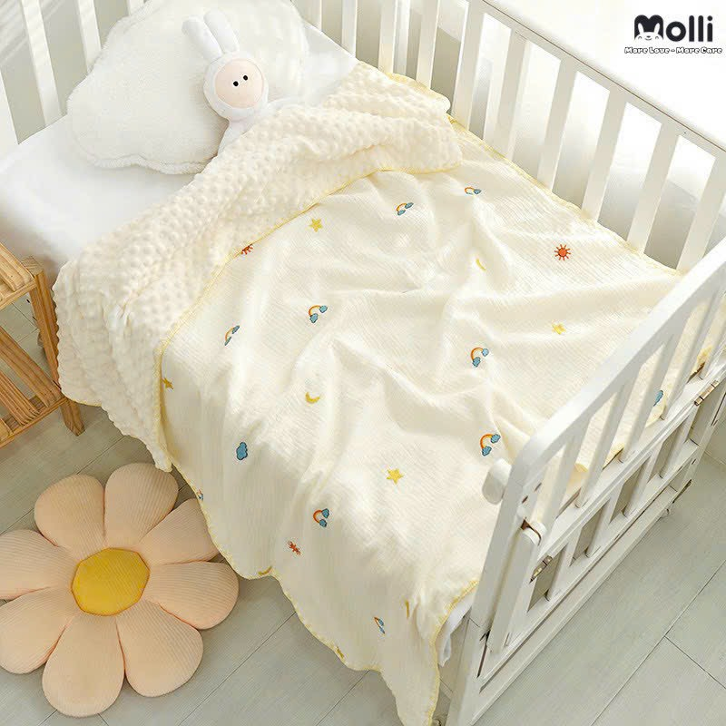 Chăn xô muslin thêu lót nhung hạt đậu chống ngạt cao cấp cho bé