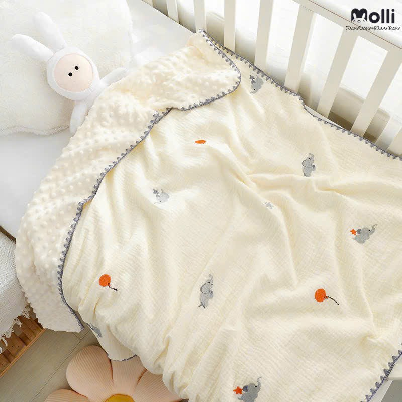 Chăn xô muslin thêu lót nhung hạt đậu chống ngạt cao cấp cho bé