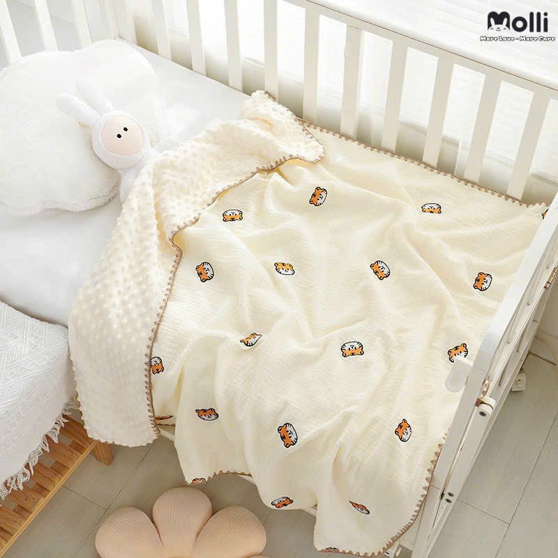 Chăn xô muslin thêu lót nhung hạt đậu chống ngạt cao cấp cho bé