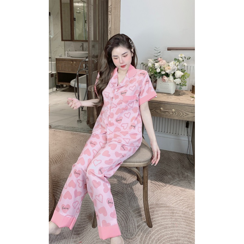 Bộ pijama bộ mặc nhà cổ tim tay ngắn quần dài chất lụa mango mịn mát freesize 40-60kg - CHUN'S SLEEPWEAR
