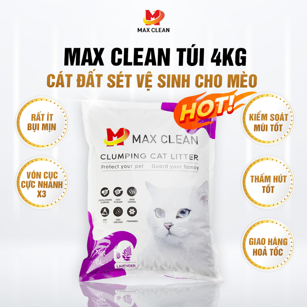 Cát vệ sinh cho mèo Max Clean, Cát đất sét hương Lavender, siêu vón, ít bụi, khử mùi tốt, 4kg 8 lít - Max Clean