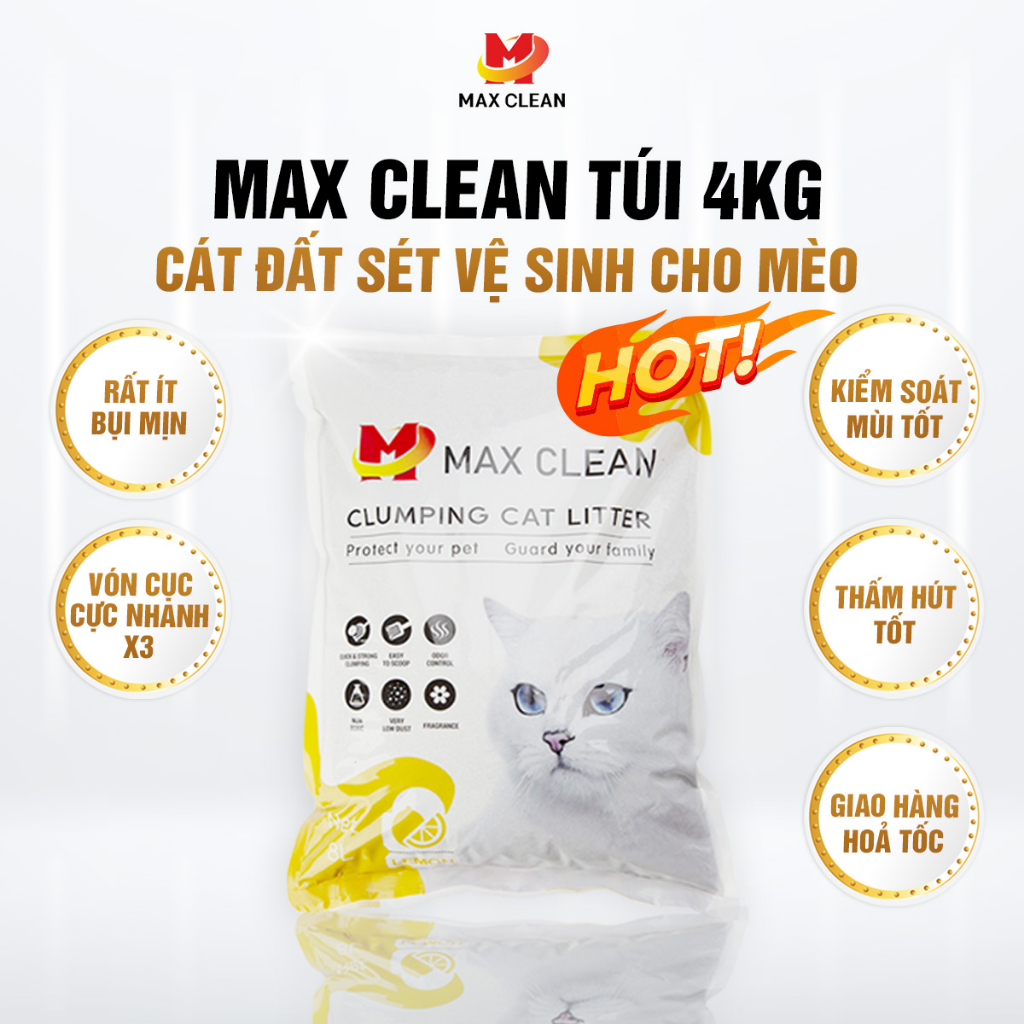 Cát vệ sinh cho mèo Max Clean, Cát đất sét hương Chanh, siêu vón, ít bụi, khử mùi tốt, 4kg 8 lít - Max Clean