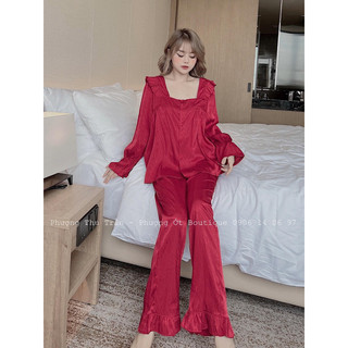 Bộ lụa xước ánh kim cổ vuông tiểu thư, đồ bộ mặc nhà chun's sleepwear