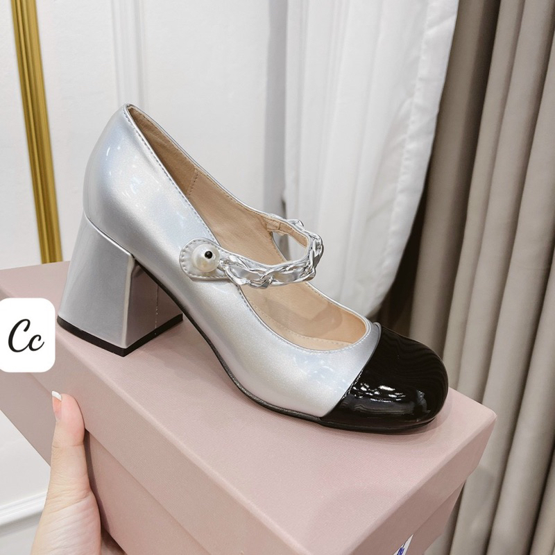 Giày nữ gót vuông 7f Miumiu da bóng pha mui, quai xích siêu xinh