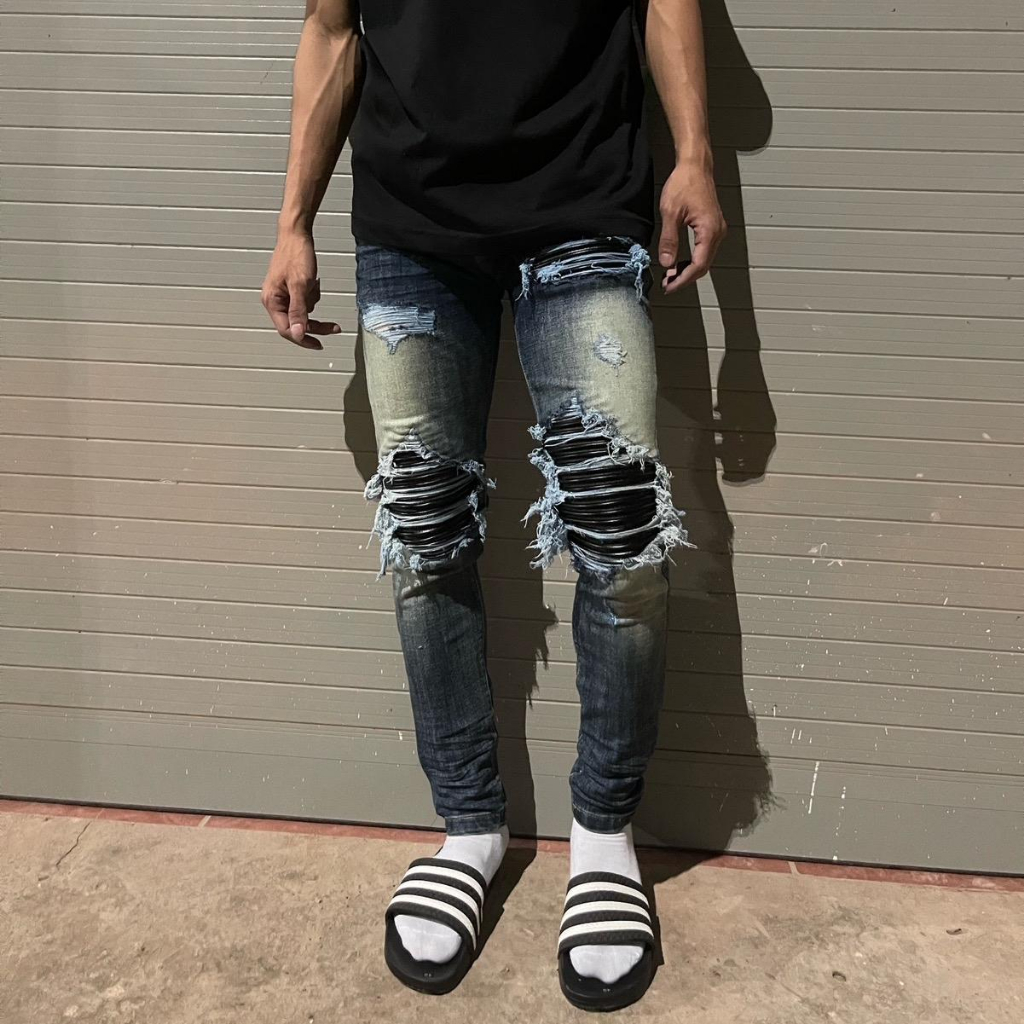 quần jean xanh bẩn vá da biker